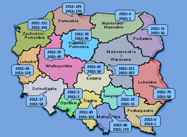 Mapa przedstawia jak liczby te rozkładają się na poszczególne województwa.